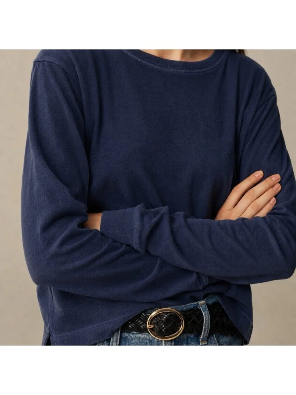 J Crew Womens Vintage Jersey Long Sleeve T-Shirt Sz Medium Navy Blue Cropped